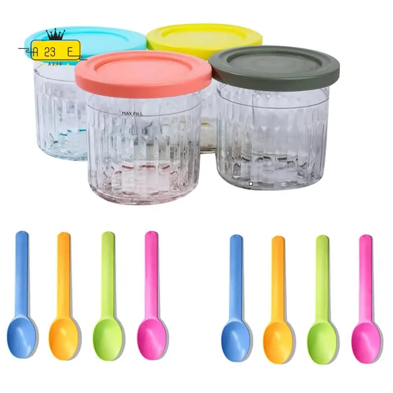 

A23E-4 PCS Replacement Ice Cream Pints And Lids+Spoon For Ninja NC301 NC300 NC299AMZ Series Ice Cream Storage Containers