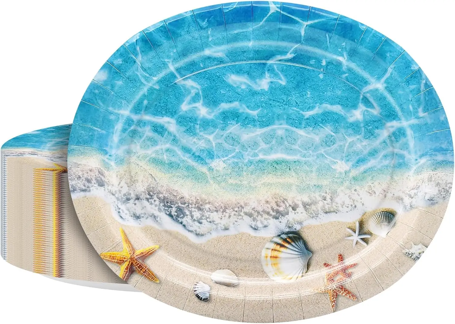 50 Pack Beach Party Oval Paper Plates – 12 Inch Disposable Paper Plates Ocean Wave Sea Shell Starfish Dinner Plates for Summer B