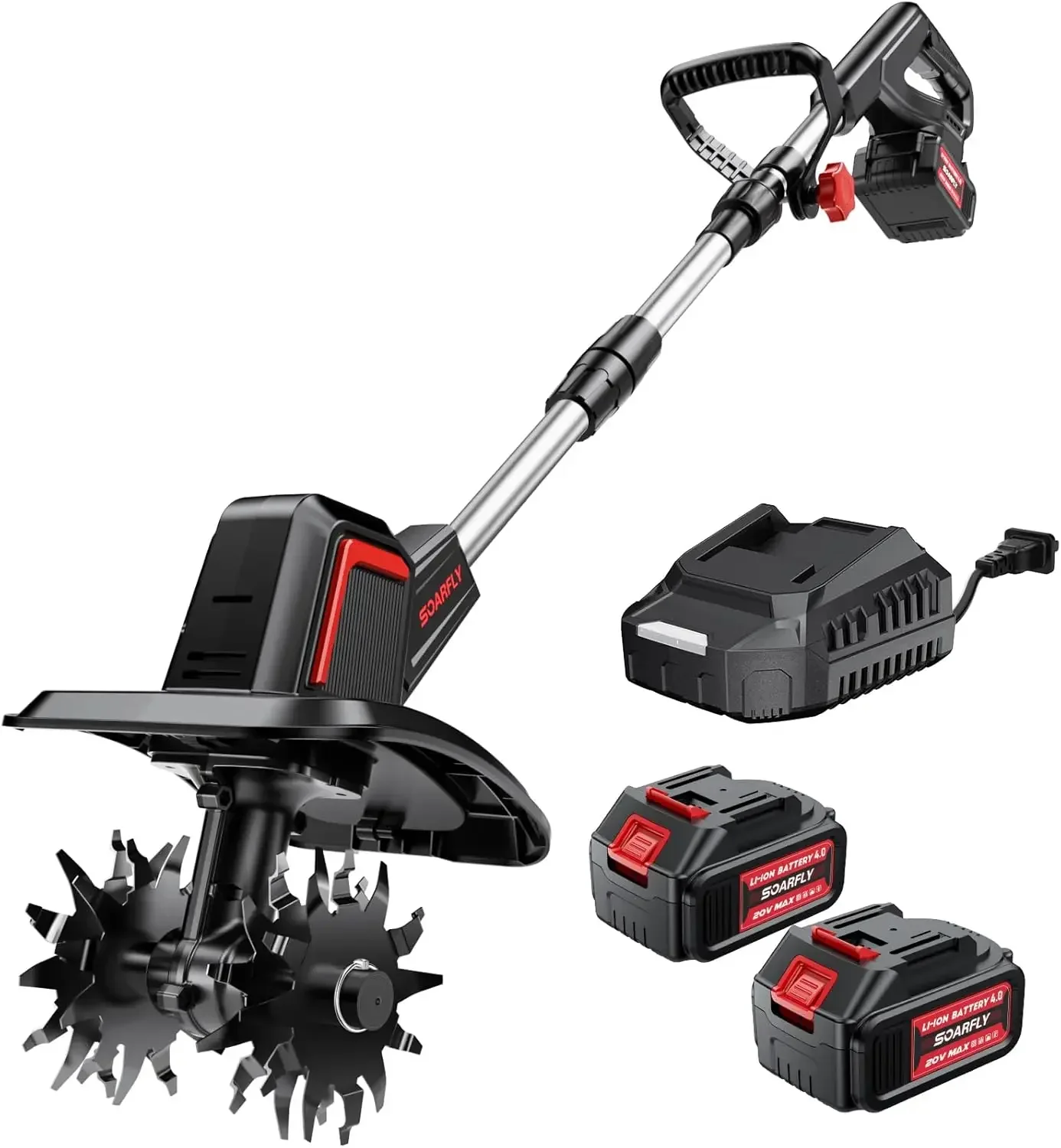 

Upgraded Cordless Electric Tiller for Gardening, Total 8.0Ah Battery Powered Mini Cultivator with 2×4.0AH Batteries, 9" Width, 6