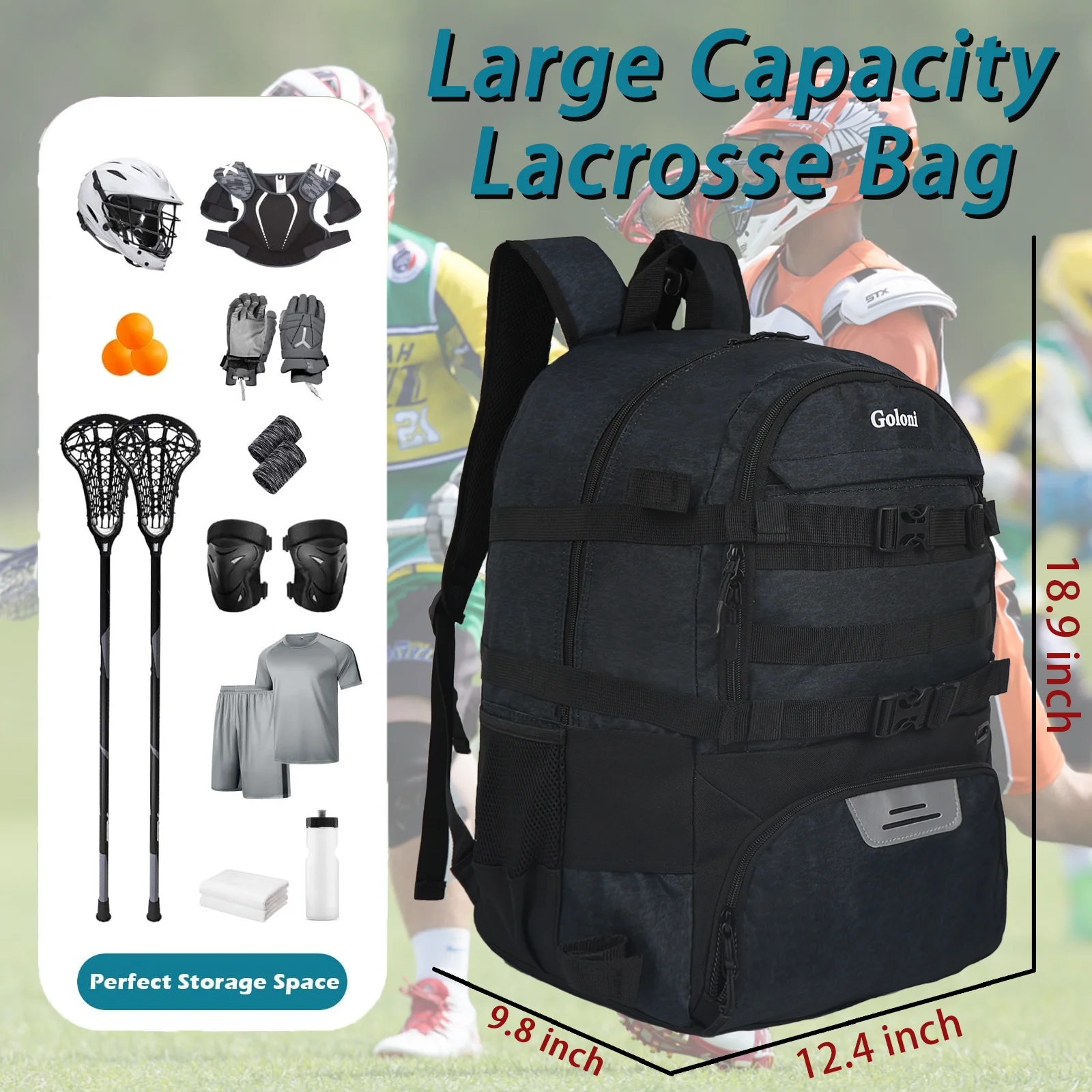 Large Lacrosse Equipment Backpack with Two Sticks holder and Separate Cleats Compartment Field Hockey Bag