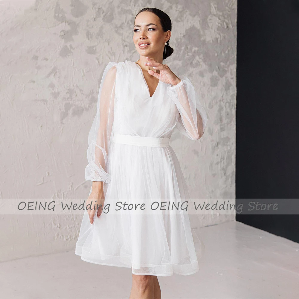 Robe de Mariée Courte à Manches sulfet Col en V pour Femme, Tenue de Mariage Simple, Longueur aux Genoux, avec Ceinture en Tulle Blanc, 2023