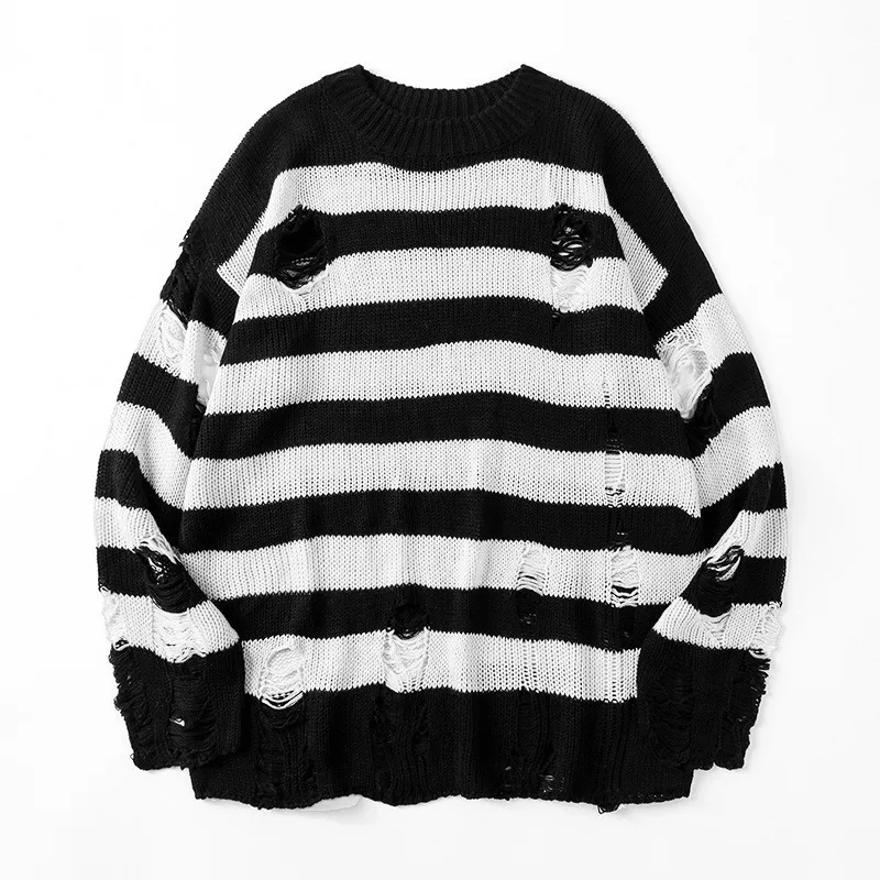 

Black Stripe Sweaters Ripped Sweater Men Pullover Hole Knit Jumpers Men Oversized Sweatshirt Harajuku Long Sleeve Tops
