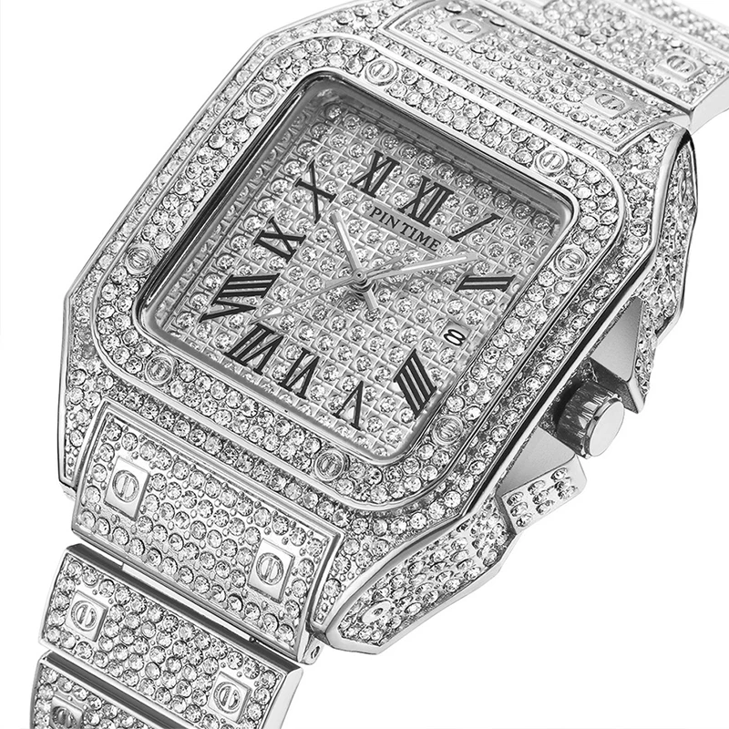 PINTIME Women Watches Iced Out Diamond Quartz Wristwatch Waterproof Square Case Luxury Dial Metal Strap Calendar Hip Hop Relogio