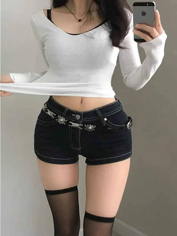 Spicy Girl Distressed Pocket Embroidery Denim Super Shorts Women Summer Elegance Side Slit Bodycon Hot Pants Cotton Stretch