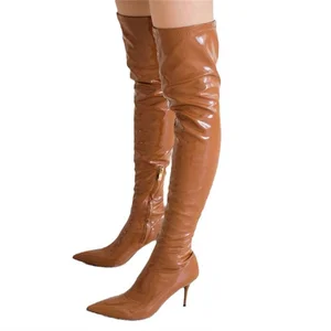 Neue moderne dünne Absatzschuhe Karamell schwarz über den Knie hohen Reißverschluss -Elastizitätsschuhe weibliche Schuhe Lange Röhrenstiefel 4 Hauptverkaufskaramell -Frauenstiefel - №2