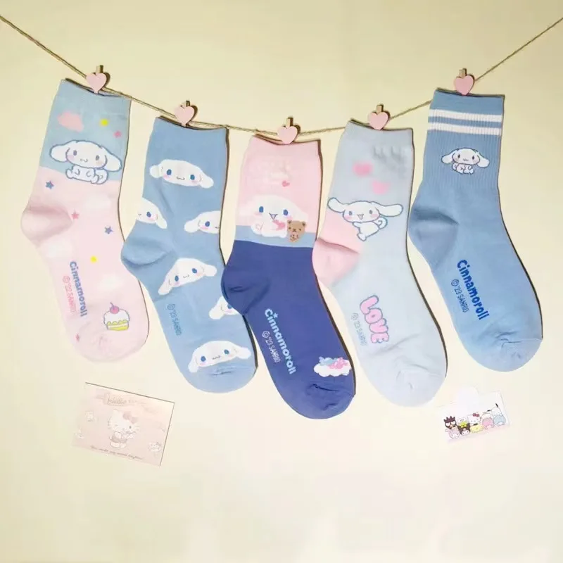 5Pair/set Sanrio Hello Kitty Socks Girls Female Cinnamoroll Kuromi Cartoon Cute Kawaii Student Jk Socks Cotton Autumn Socks Gift