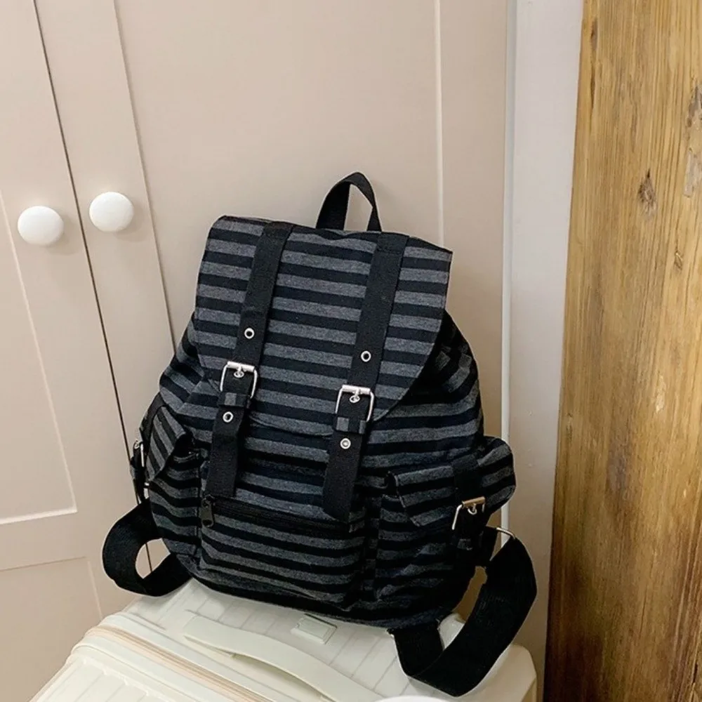 Cute Large Capacity Striped Backpack Y2K Multi-pocket Students Schoolbag Korean Style Nylon Hiking Camping Bag College