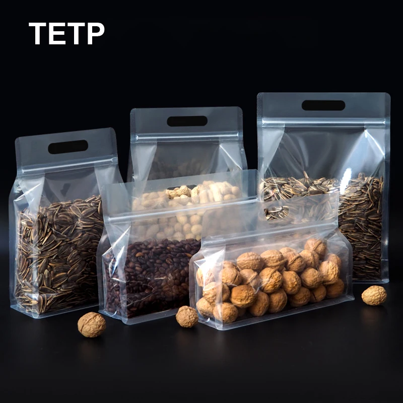 

TETP 50Pcs Transparent Stand Up Food Bag With Handle Wholesale For Coffee Bean Tea Nut Cookies Sealing Storage Faovrs Resealable