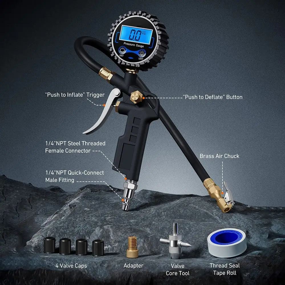 

Digital Tire Pressure Gauge 250 PSI 0.1 Resolution Heavy Duty Air Chuck for Tire Inflator Compressor