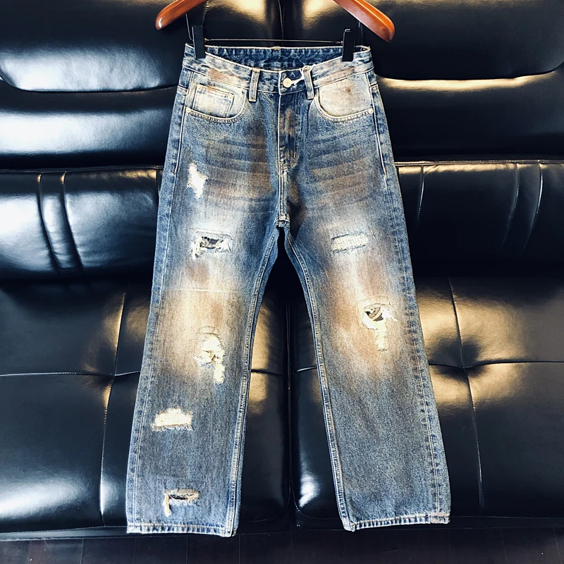 루즈핏 고품질 남성 청바지 스트레이트 레그 캐주얼 봄 가을 트렌디 브랜드 홀 펀칭 더티 코튼 스트레치 데님