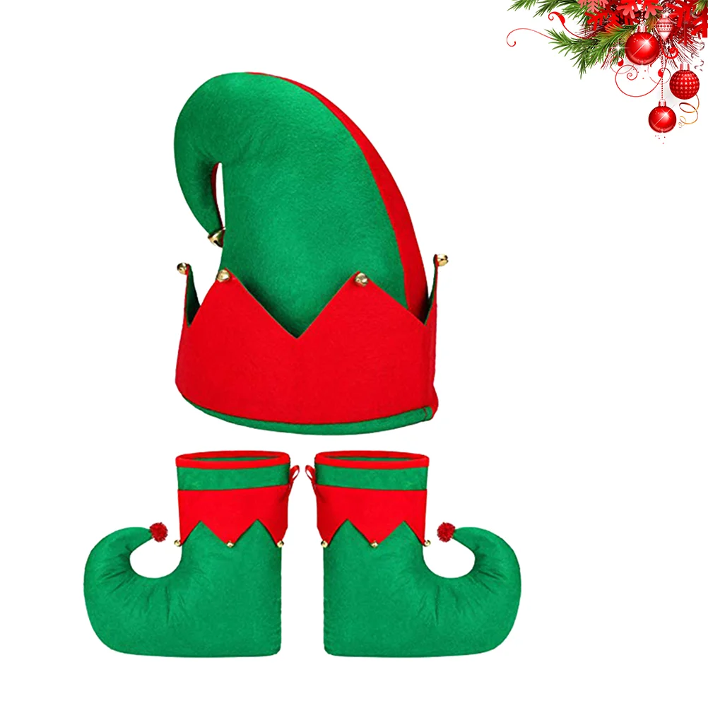 

3 Pcs Christmas Outfit Elf Shoes and Hats Headband Cosplay Costume Red Light Suits