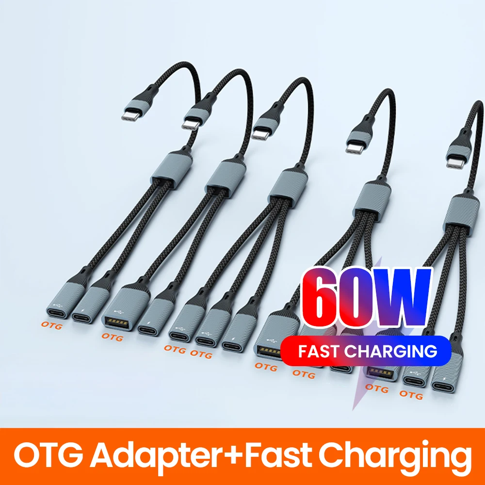 60W Type C HUB Fast Charging USB Multi Ports Adapter Cable Type-C Male to USB+Type C Female Splitter OTG Data Transfer Connector