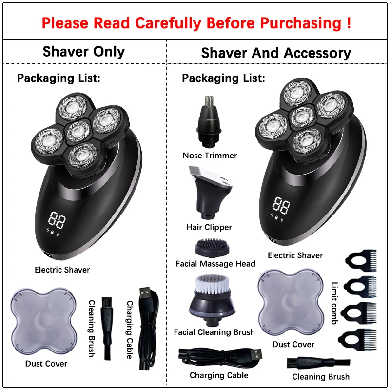 5 In 1 Electric Shaver For Men Bald Head Hair Clipper Nose Trimmer 5 Floating Blade Heads Shaving