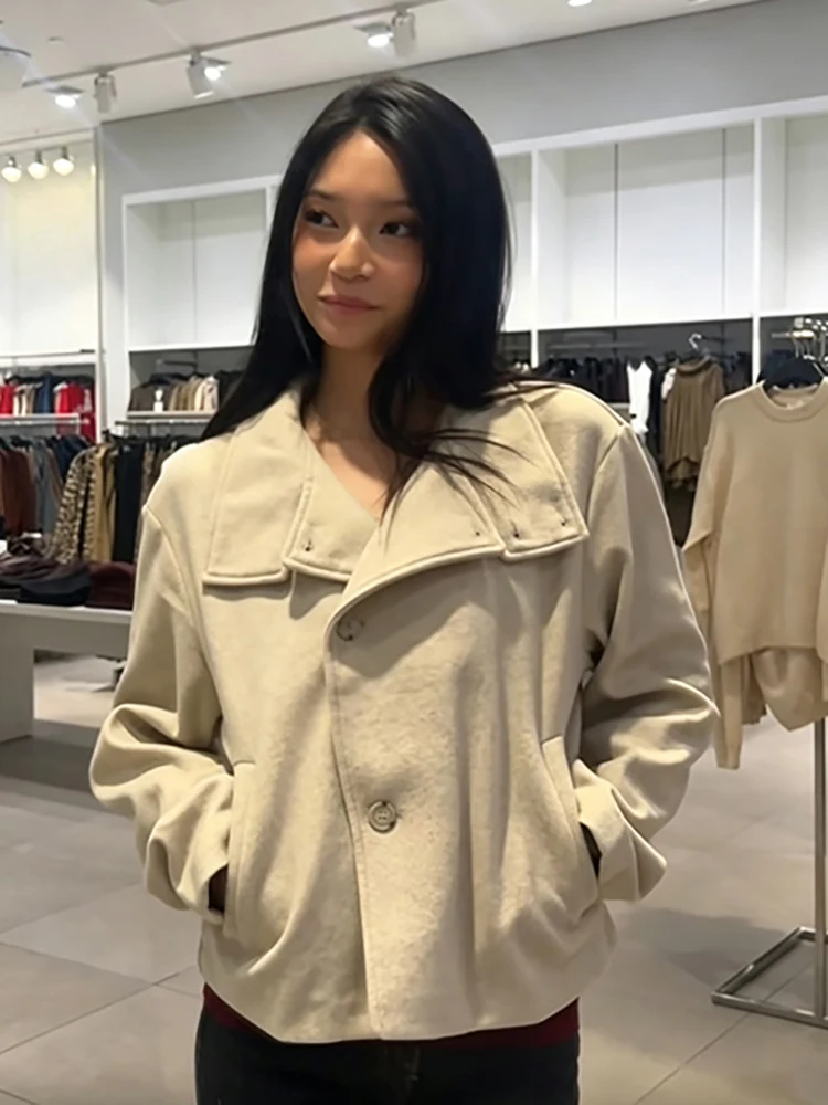 Elegant Stand Collar Faux Woolen Coat Women Minimalist Single Breasted Irregular Long Sleeve Jackets 2026 Autumn Daily Outerwear
