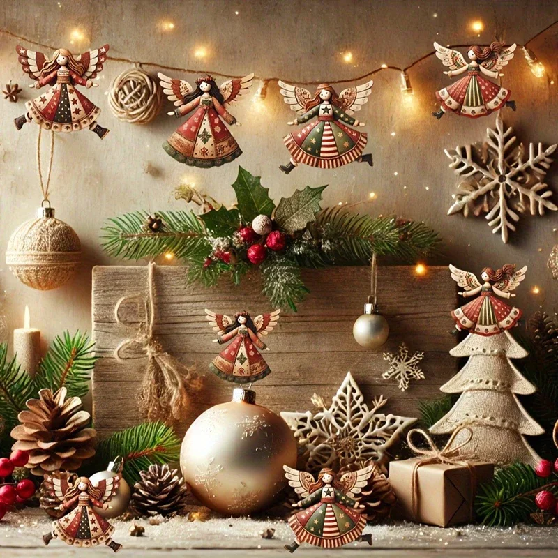 

4pcs Handmade Vintage Wooden Angel Christmas Ornaments- Multi-Color Festive Decor for Tree,Home Offic Home Decor