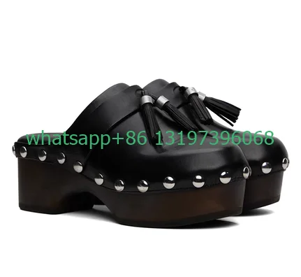 

Lady wooden platform fur slip-on mules shoes PU causal dress slippers tassel design outdoors runway shoes size 36-42 footwear