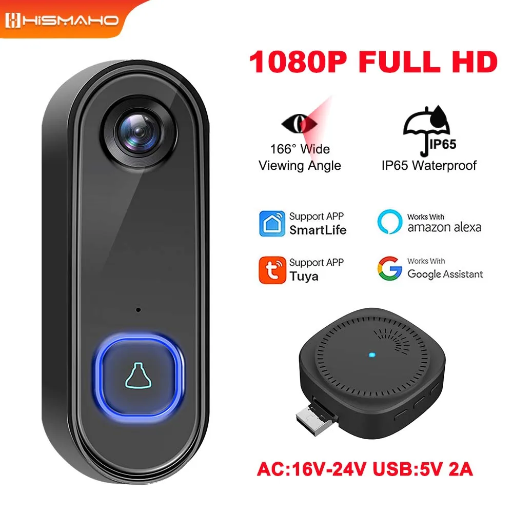 Tuya-videoportero inalámbrico para exteriores, cámara impermeable de 1080P, WiFi, alimentación de CA, protección de seguridad, vigilancia del hogar, Alexa y Google