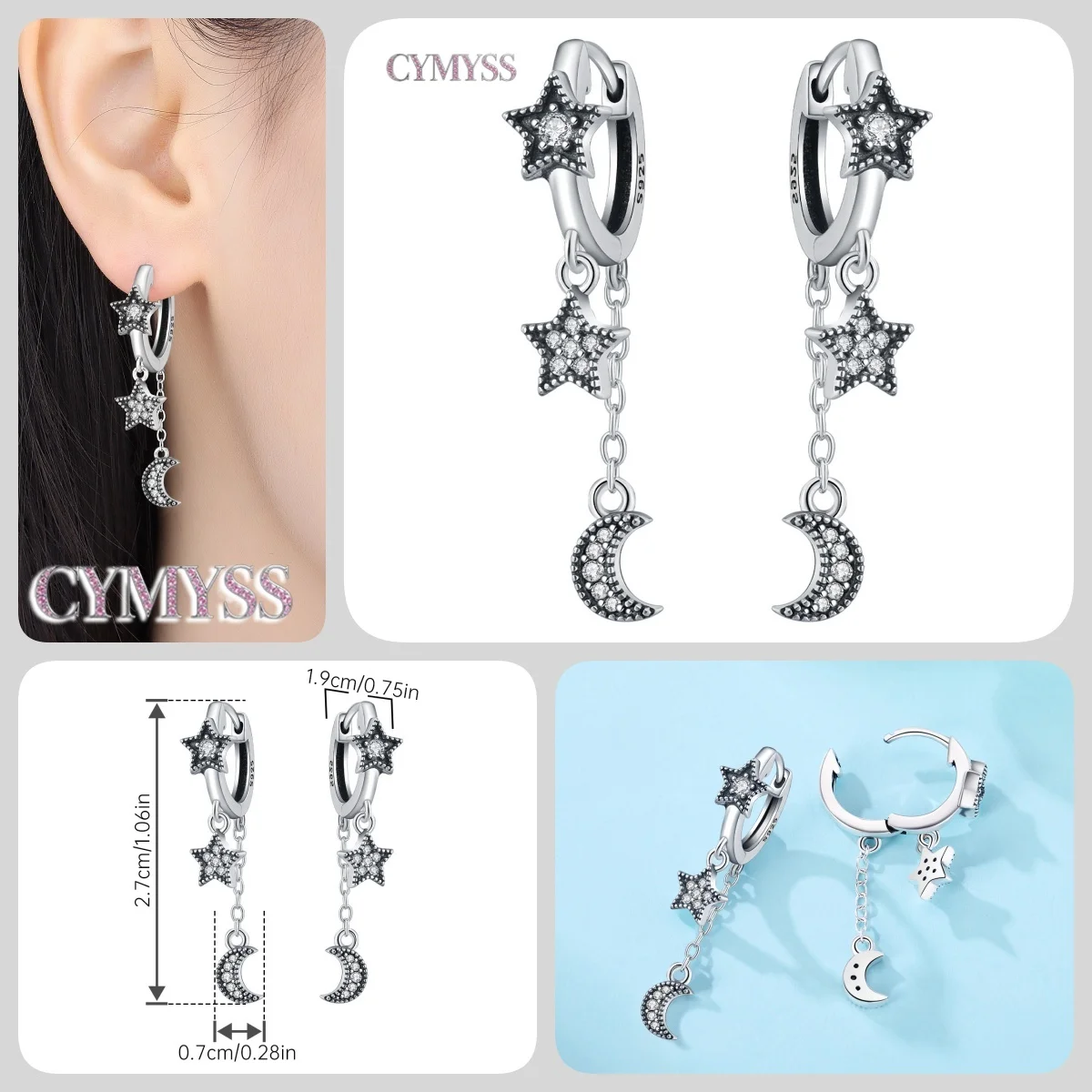 Original 925 Sterling Silber Sterne Mond Bunter Herz-Zirkon Satelliten-Ohrringe Schmuck Creolen für Damen Party Trendige Geschenke – Detail 30