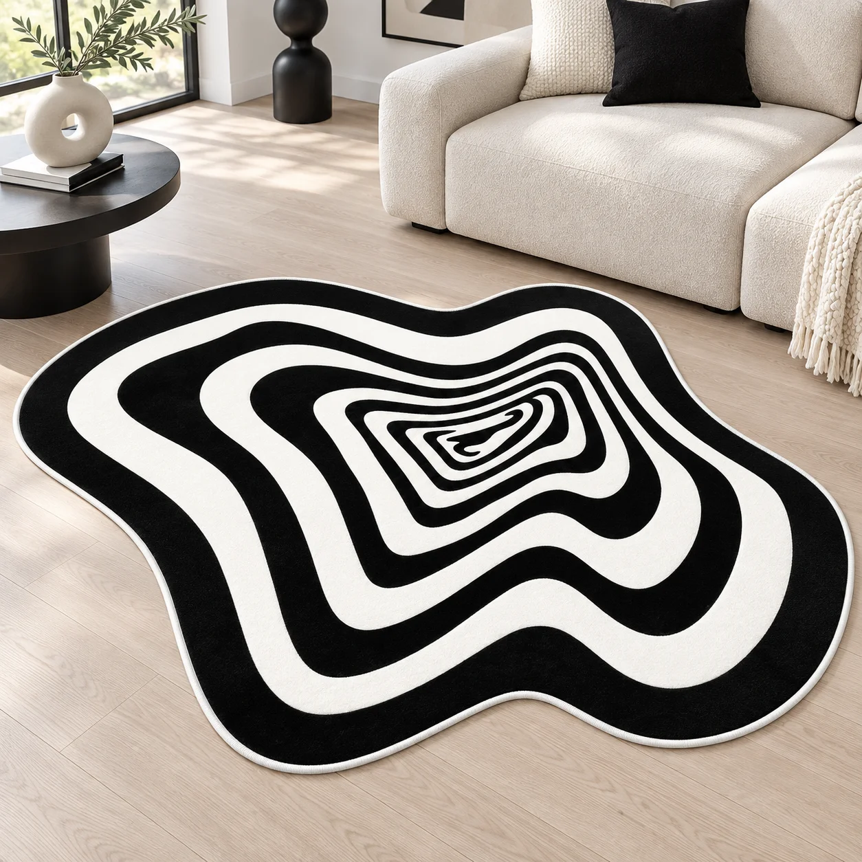 Black White Optical Wave Shaped Area Rug, Modern Abstract Floor Mat for Living Room Bedroom Entryway, Creative Home Decor Gift