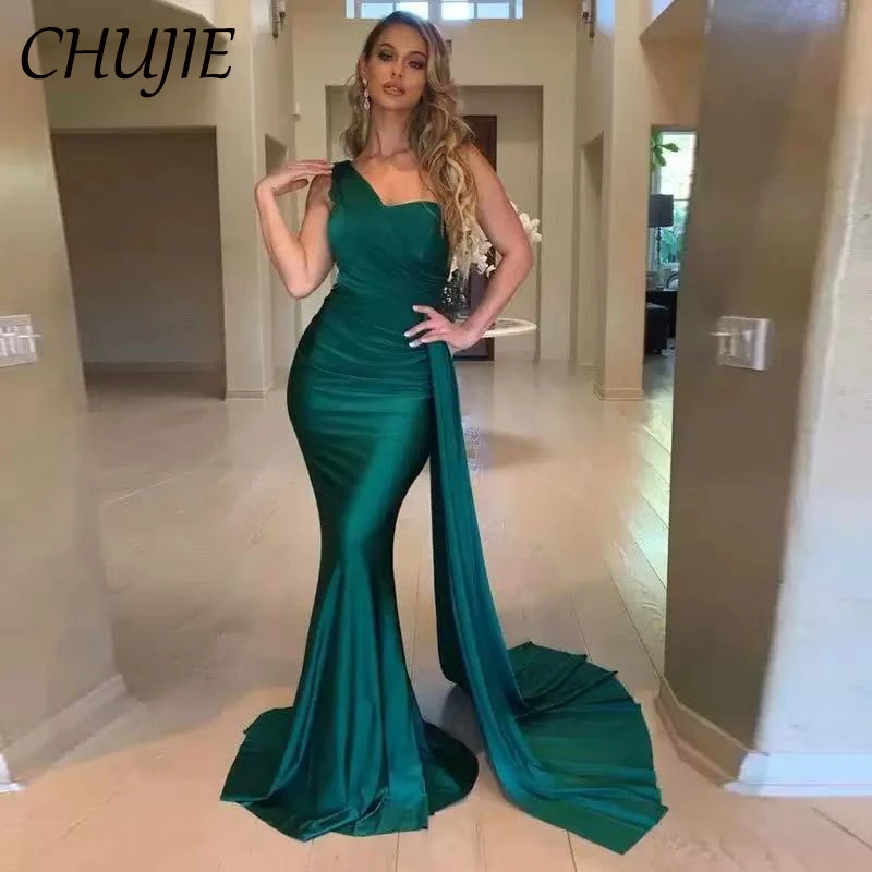 

One Shoulder Evening Dresses Mermaid Sweetheart Party Pleat Satin Prom Gowns One Side Slit Formal Evening Dress Vestidos De Gala