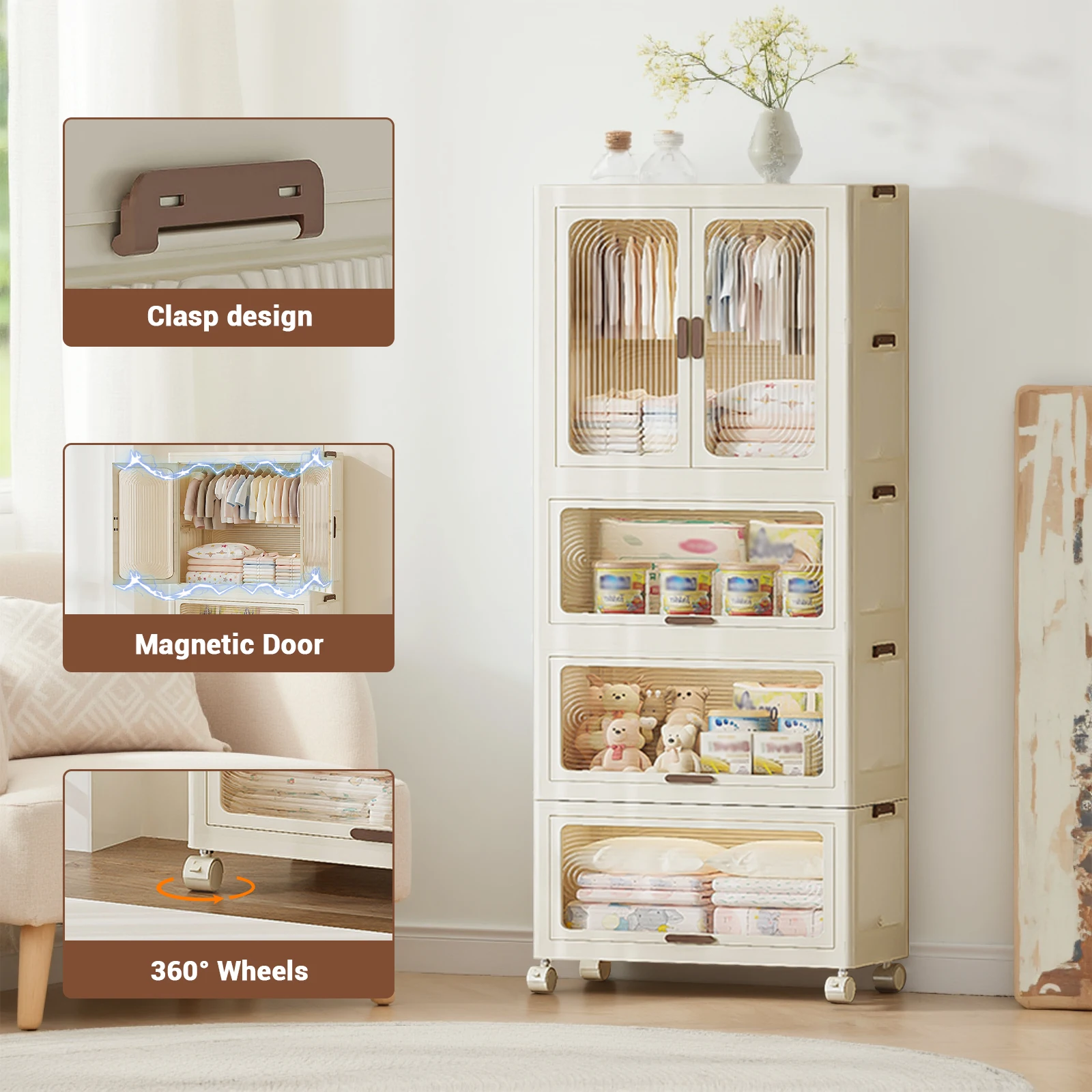70cm Breite Stapelbare Aufbewahrungsboxen mit Deckeln Magnetische Türen Räder Zusammenklappbare Kunststoff-Schubladenorganizer für Wohnzimmer Kleiderschrank