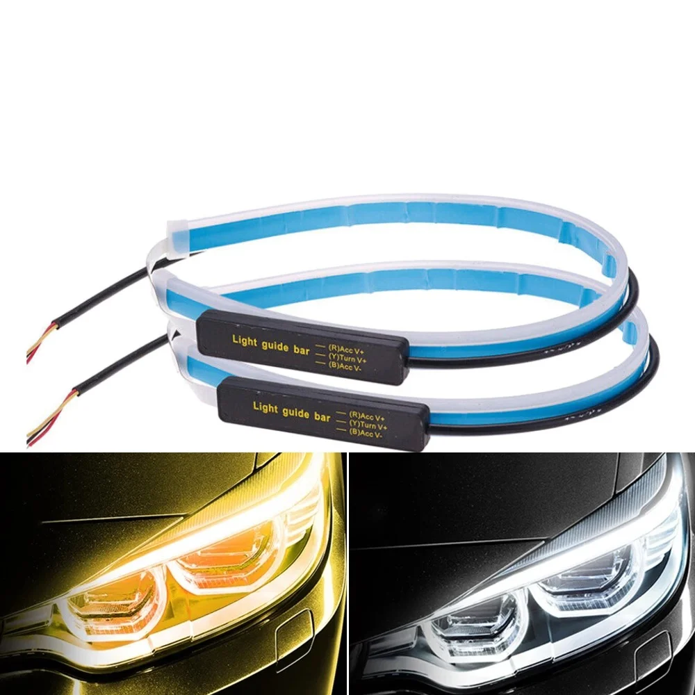 

2PCS 12V Led Guide Headlight Strips Car Daytime Running Light 45cm Flow Turn Signal Strip DRL Ambient Light White Yellow
