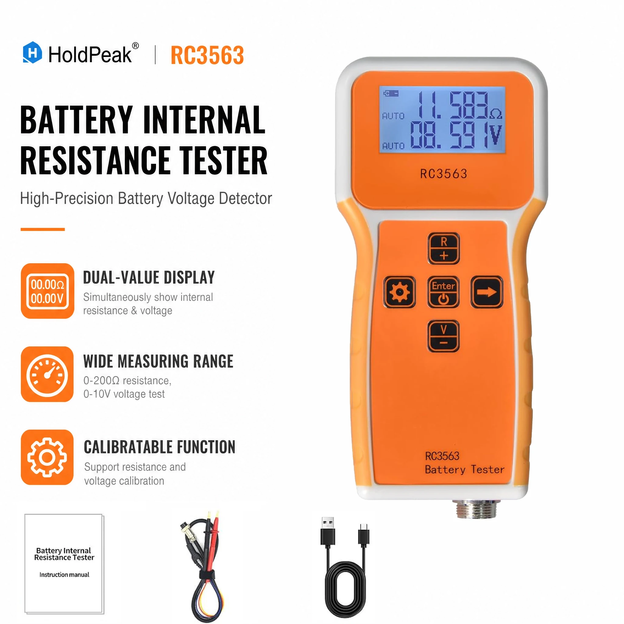 HoldPeak Battery Internal Resistance Tester Handheld 1μΩ-200Ω 1mV-1000V ±0.5% Acc 4-Wire Clip 1000mAh Li-Bat for Home/Industry