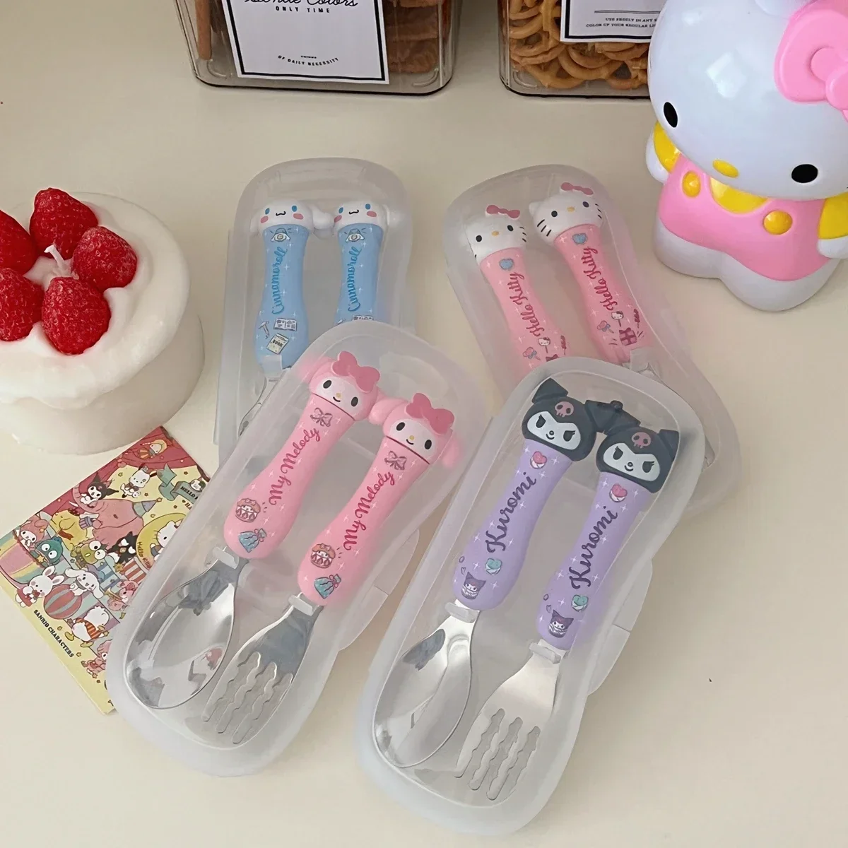 

Sanria Tableware Anime Hello Kittys Kuromi Melody Spoon Fork Set Dessert Spoon for Kids Baby Gadgets Travel Portable Cutlery Box