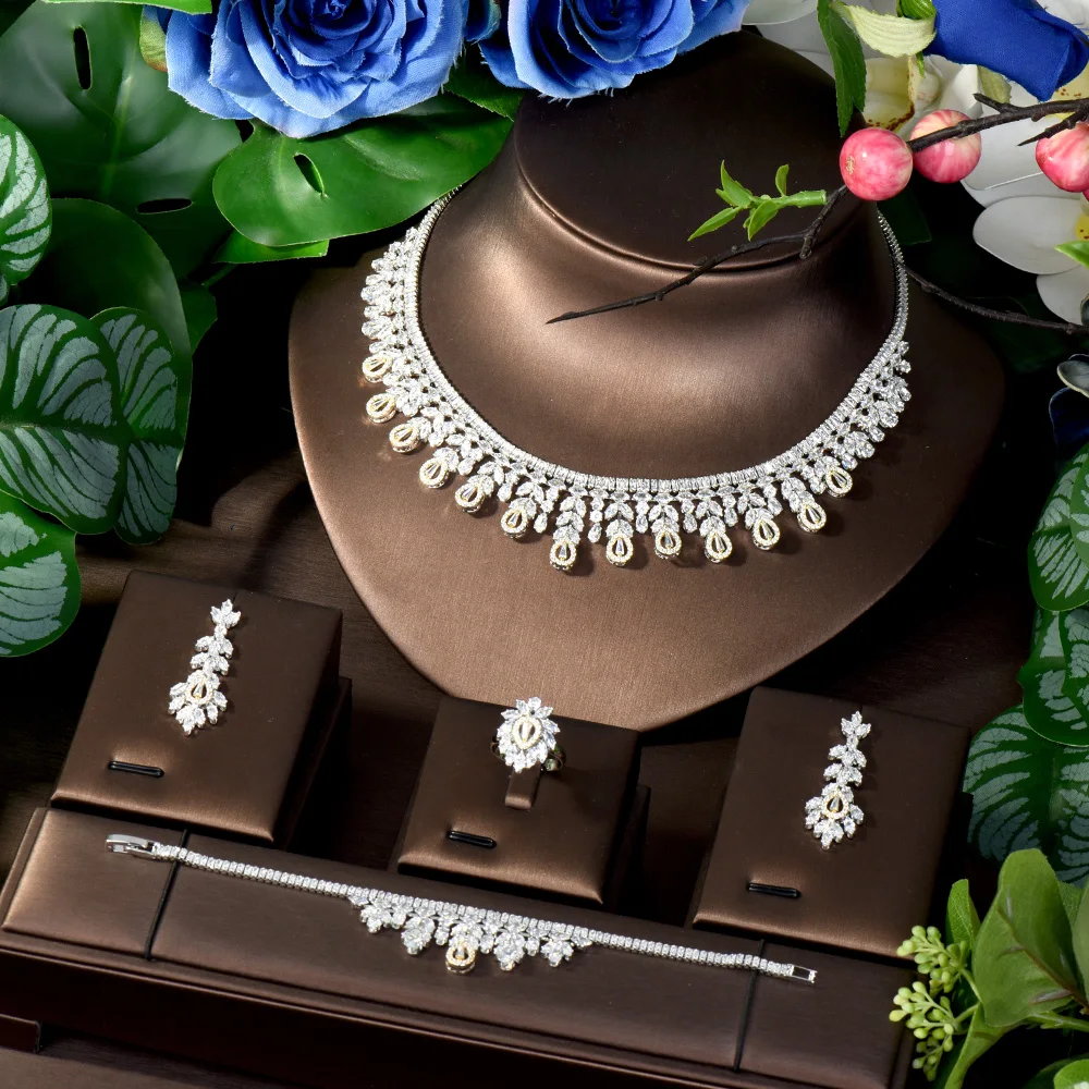 HIBRIDE Gorgeous One-of-a-Kind Water Drops Accessories 4pcs Set CZ Zirconia Necklace Earrings Bridal Wedding Dubai Party S-138