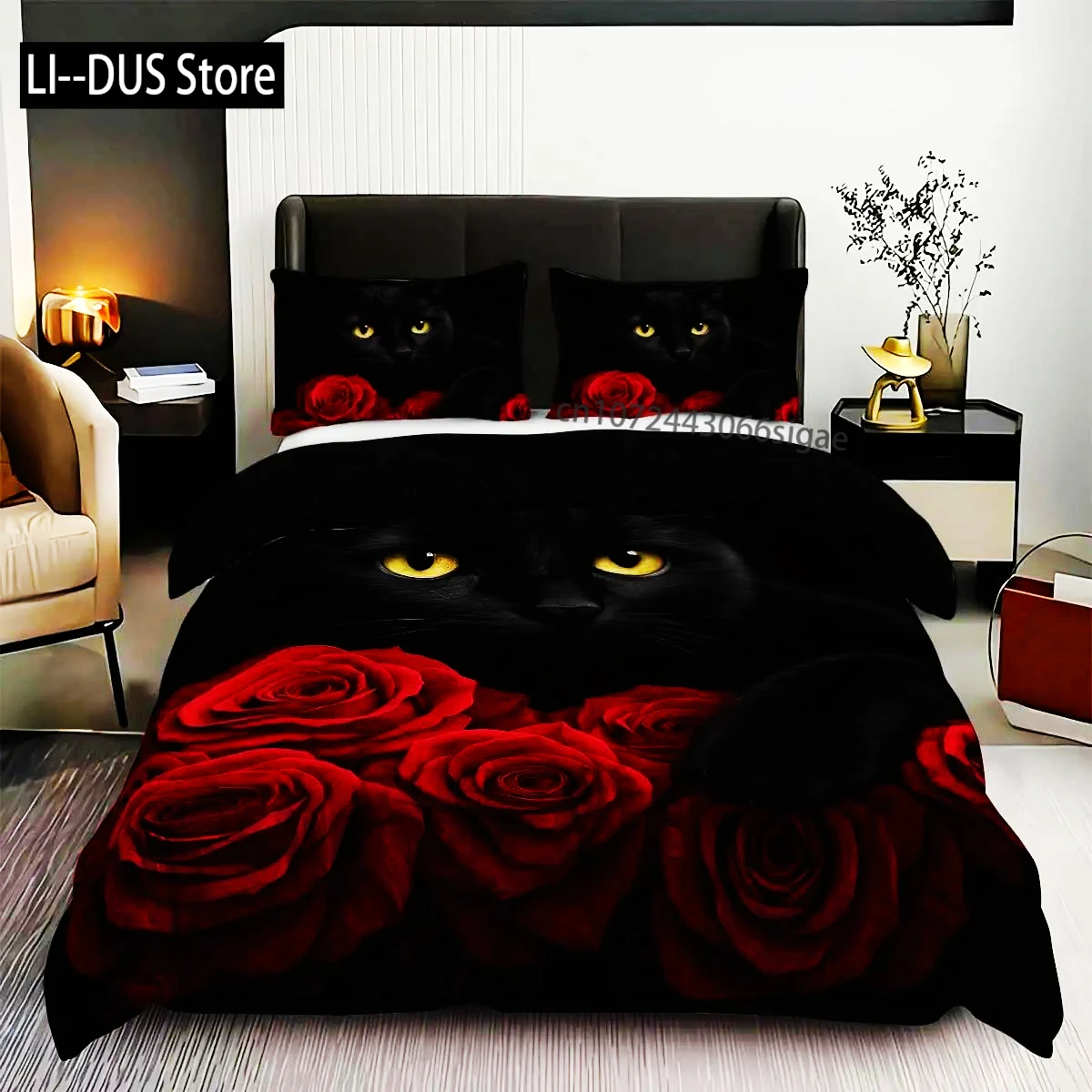 

3pcsBlack Cat Duvet Cover Pattern Printed Bedding Set 1*Quilt Cover2*Pillowcase Suitable For King Bed Single Bed For All Seasons