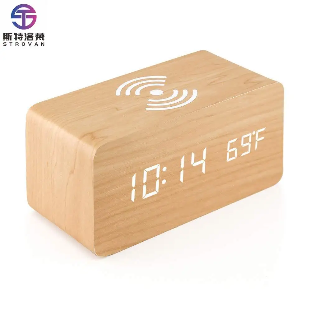 

Wooden Led Alarm Clock Wireless Charger Charging Clock Led Usb Electronic Desk Digital Alarm Clock