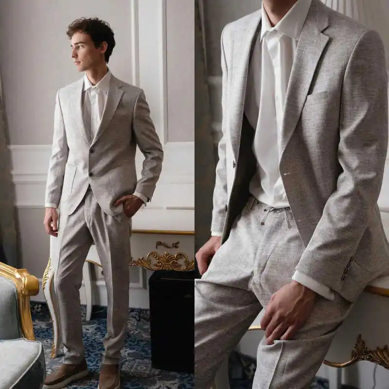 Soft Linen Men Suits 2 Pieces Slim Fit Jacket Pants Notch Lapel Summer Breathable Blazer Casual Occasion Office Customized
