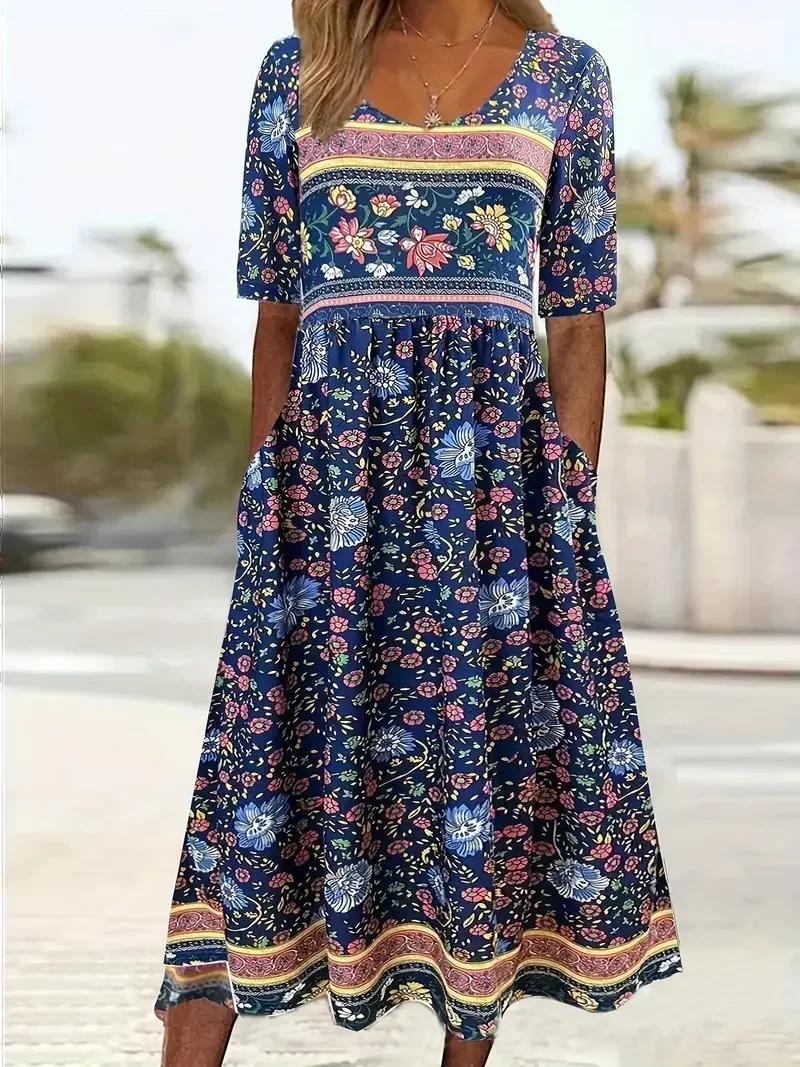 Plus Size 1XL-5XL Women's Fashion Summer Floral Print Vibrant Peplum Dress Ladies Casual Short Sleeve Elegant Crew Neck Dress