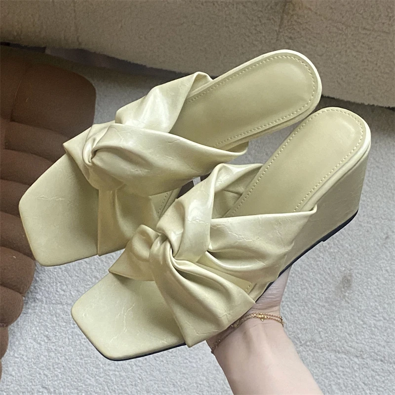 

Eilyken New Fashion Pleated Square Toe Women Slippers Design Style Wedges High Heels Shoes Summer Zapatos De Mujer