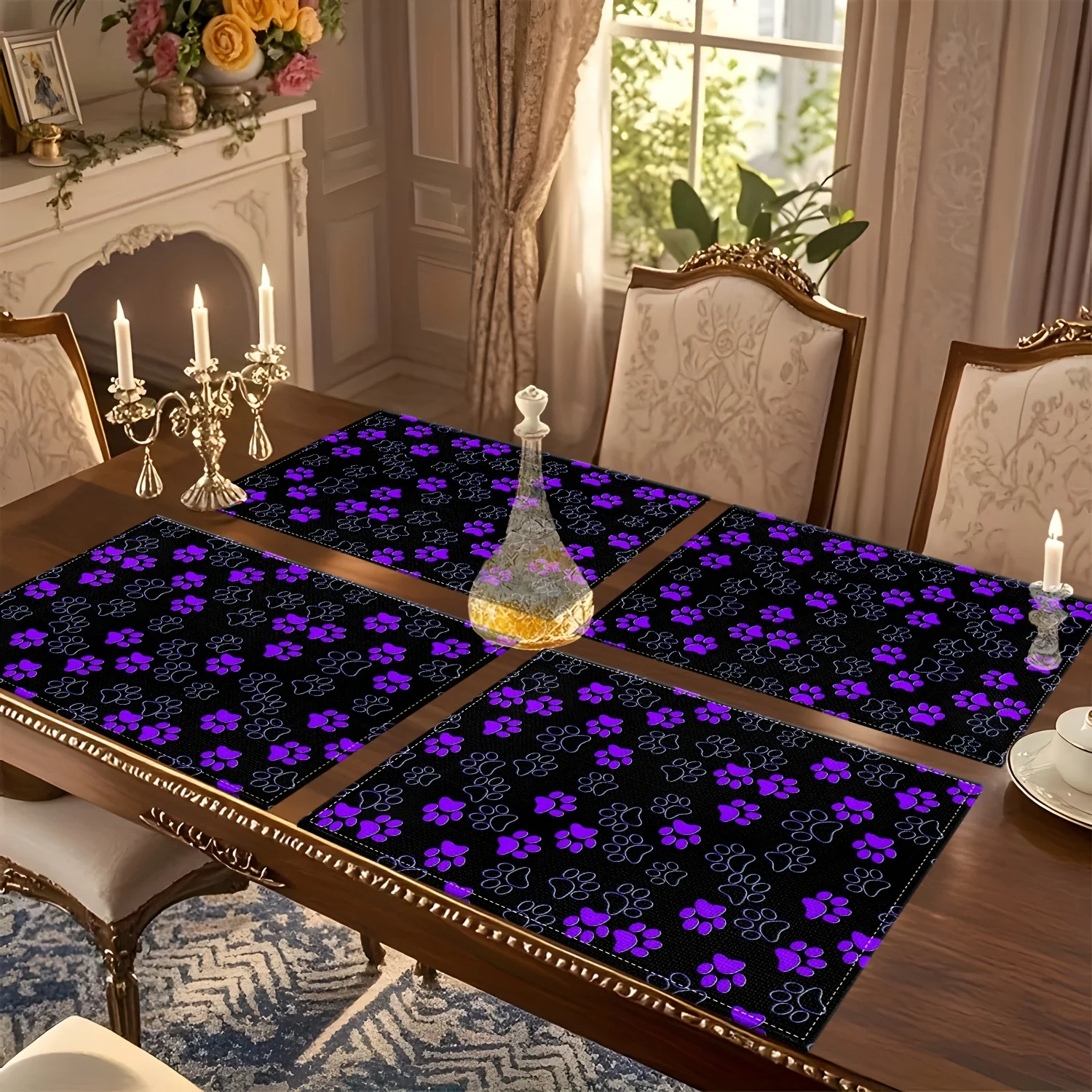 4pc 2D Printed Purple Paw Print Background Themed Square Placemat with Cartoon Print Pattern, Dining Table Placemat