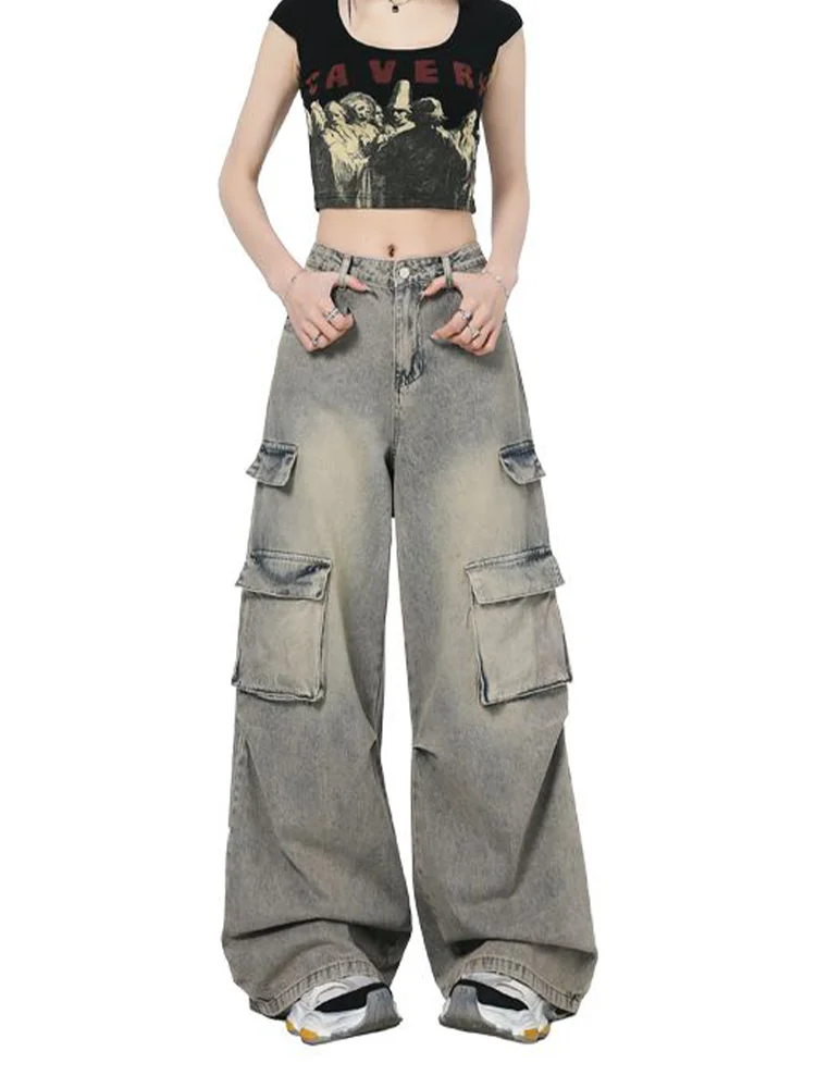 

Women's Blue Cargo Jeans Pocket Y2K Japanese Harajuku High Street 90S Aesthetic Fashion High Waist Vintage Jeans Pants Clothing