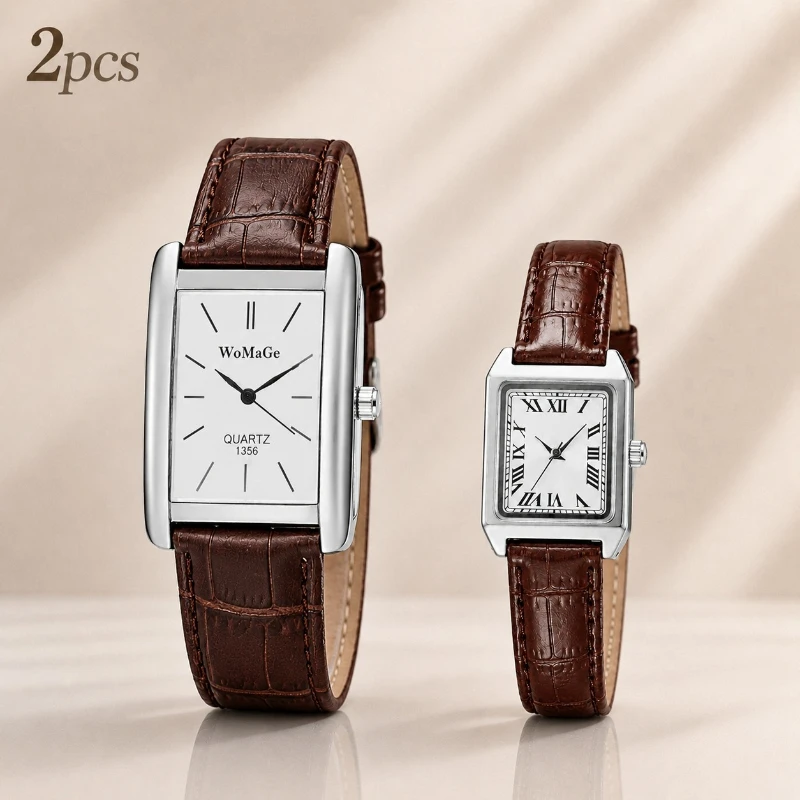Couple Watch Set Simple Fashion Square Dial Leather Strap Quartz Wristwatch for Men Women Romantic Lover Pair Gift For Couple