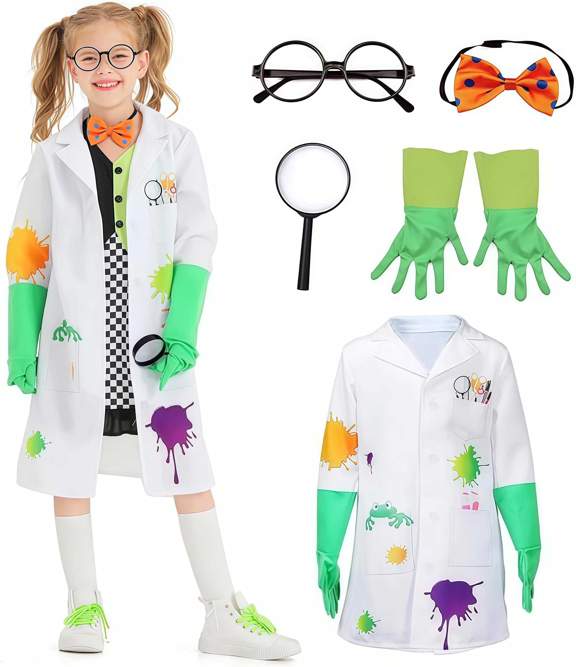 5pcs Kids Mad Scientist Role-Play Costume White Lab Coat With Accessories For Children Halloween Carnival Party Cosplay Outfits