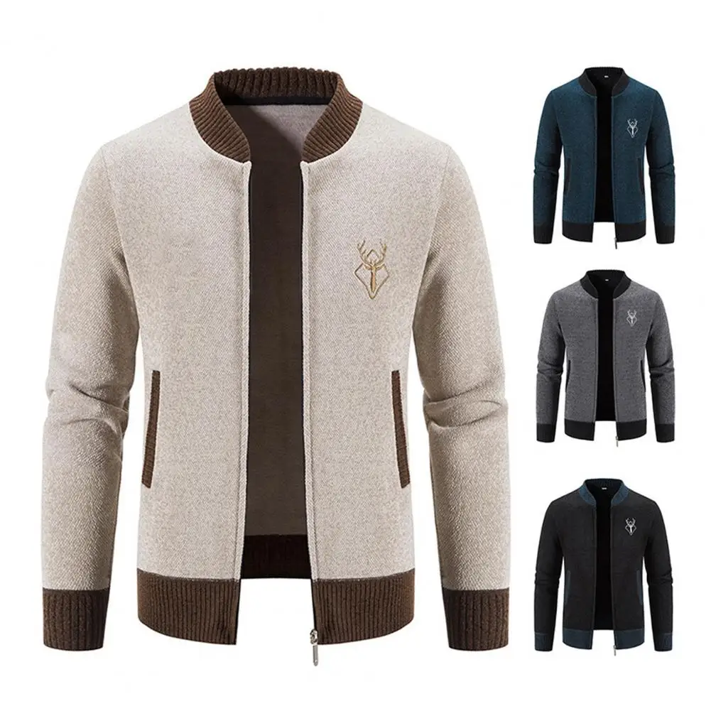 

Men Color-blocked Cardigan Jacket Embroidered Zip-up Sweater Coat with Side Pockets for Fall Winter Wear Work Slim Fit Round