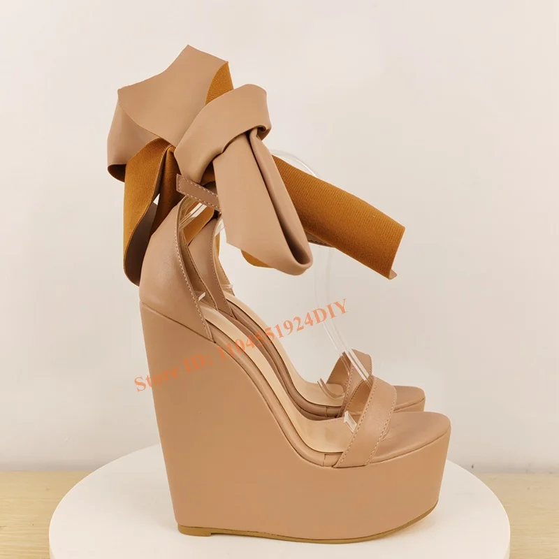Leather Upper Wedge Heeled Thick Platform Adjustable Diy Wrap Strap Bow Tie Knot High Heel Sandals Women Open Toe Summershoes view 5