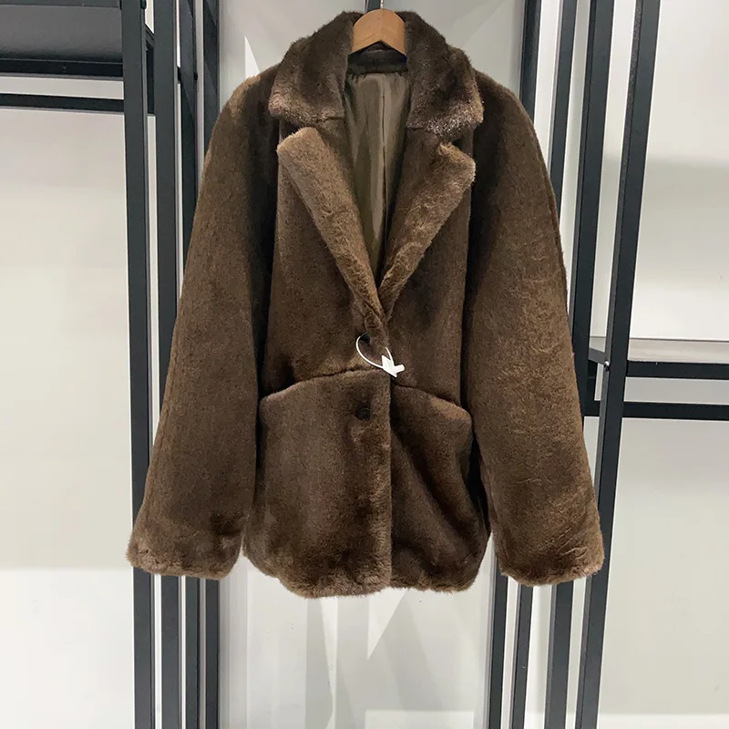 【Gift Free】2025 Autumn/Winter Fashionable Easy-Care Long Brown Faux Fur Coat with Turn-Down Collar