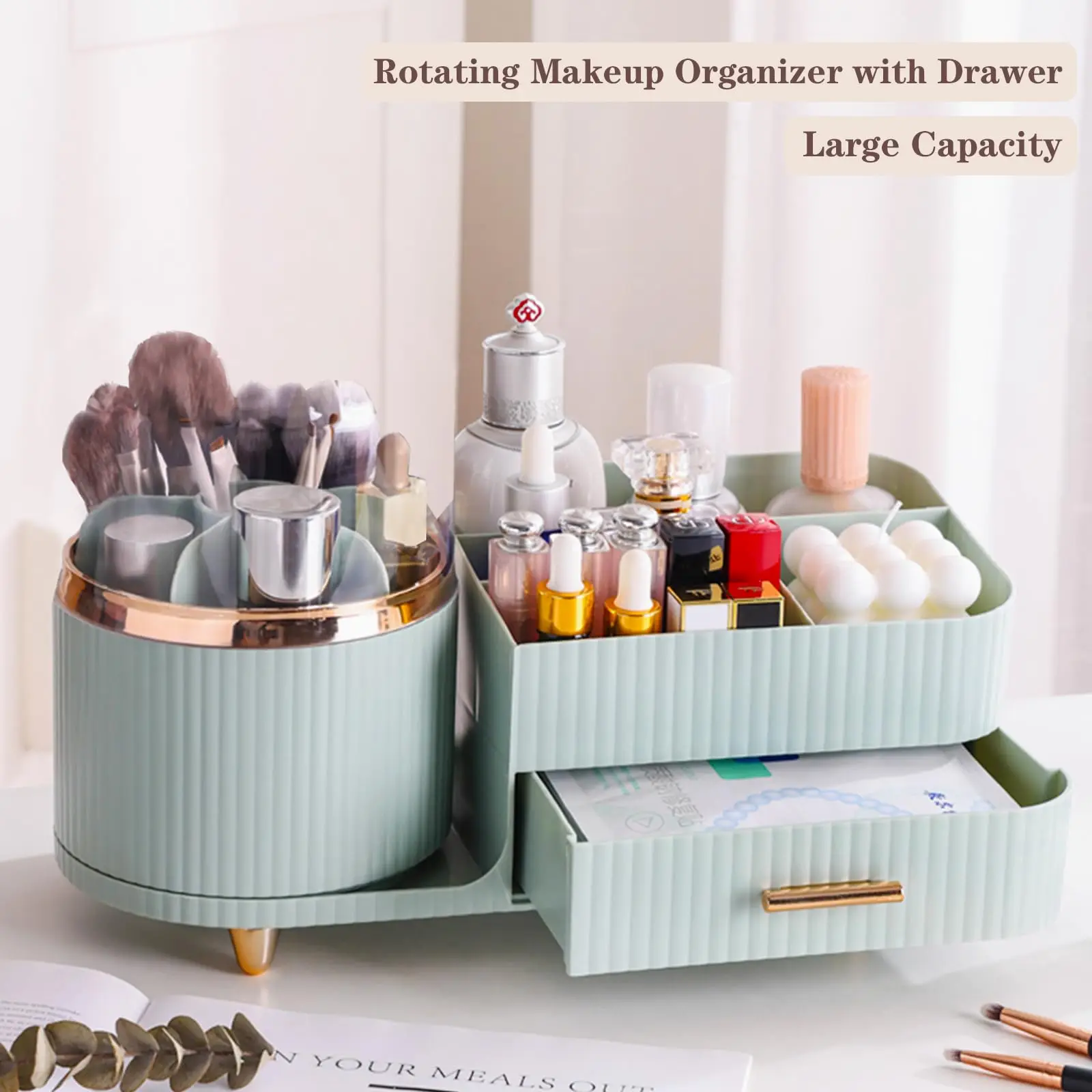 360 Rotating Makeup Organizer for Vanity with Brush Holder Drawer Large Spinning Cosmetic Storage Box For Women Gift