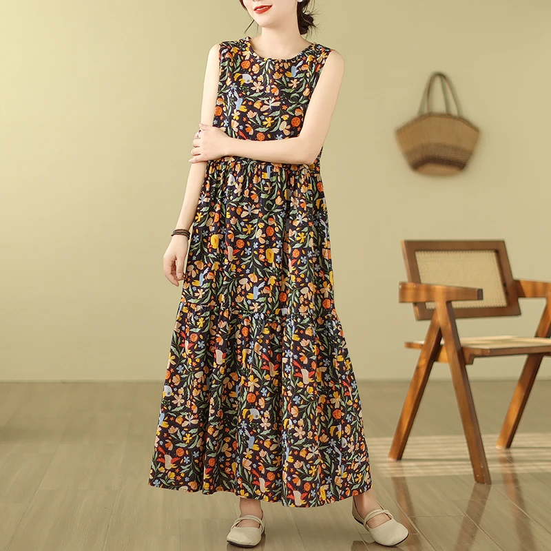 Bloemenprint Maxi Dr Hoge taille Afslankend Svel Vest Sle Lange Dr voor grote maten Dames Woon-werk Sle Verzameld Los...