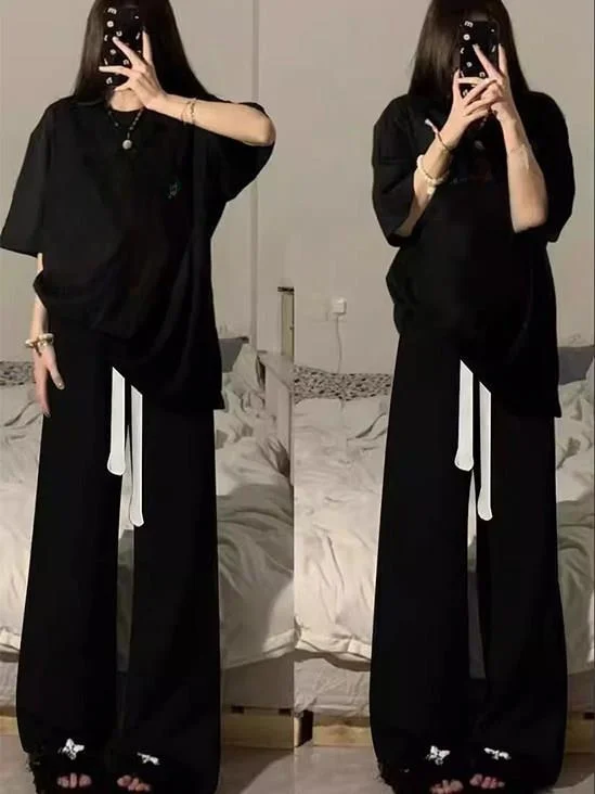 

plus Size Casual Sport Short Sleeve Set Women's Wide Leg Pants Couple Summer Student Two Piece Set Comfortable Loose Fit T-Shirt