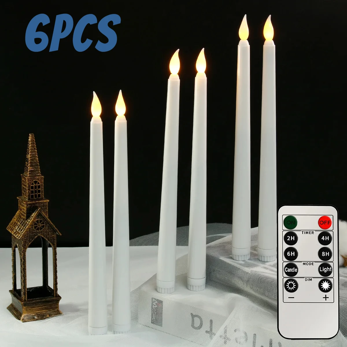 6PCS Wedding Restaurant Decoration LED Electronic Candle Halloween Props 10 Keys Remote Control Long Pole Candles Candle Lantern