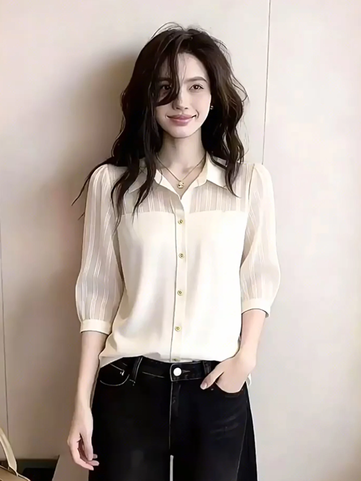 

Fashionable Single-Button Turn-down Collar Shirt Pure Color Simple 7/8 Sleeve Top Loose Women's Summer Casual Style Shirt