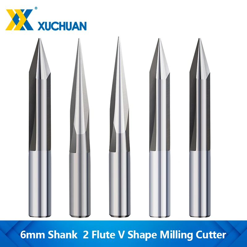 

XUCHUAN 2 Flute V Bit Milling Cutter 6mm Shank 15-30D V Shape Engraving Bits Tip 0.3-1.0mm CNC Carving Cutter for Wood MDF