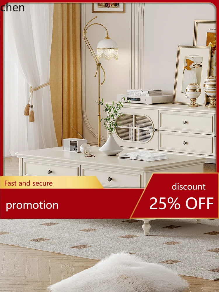 

HT Cream Style Solid Wood Coffee Table Living Room Home Use Rectangular Tea Table Simple Modern Long Coffee Table