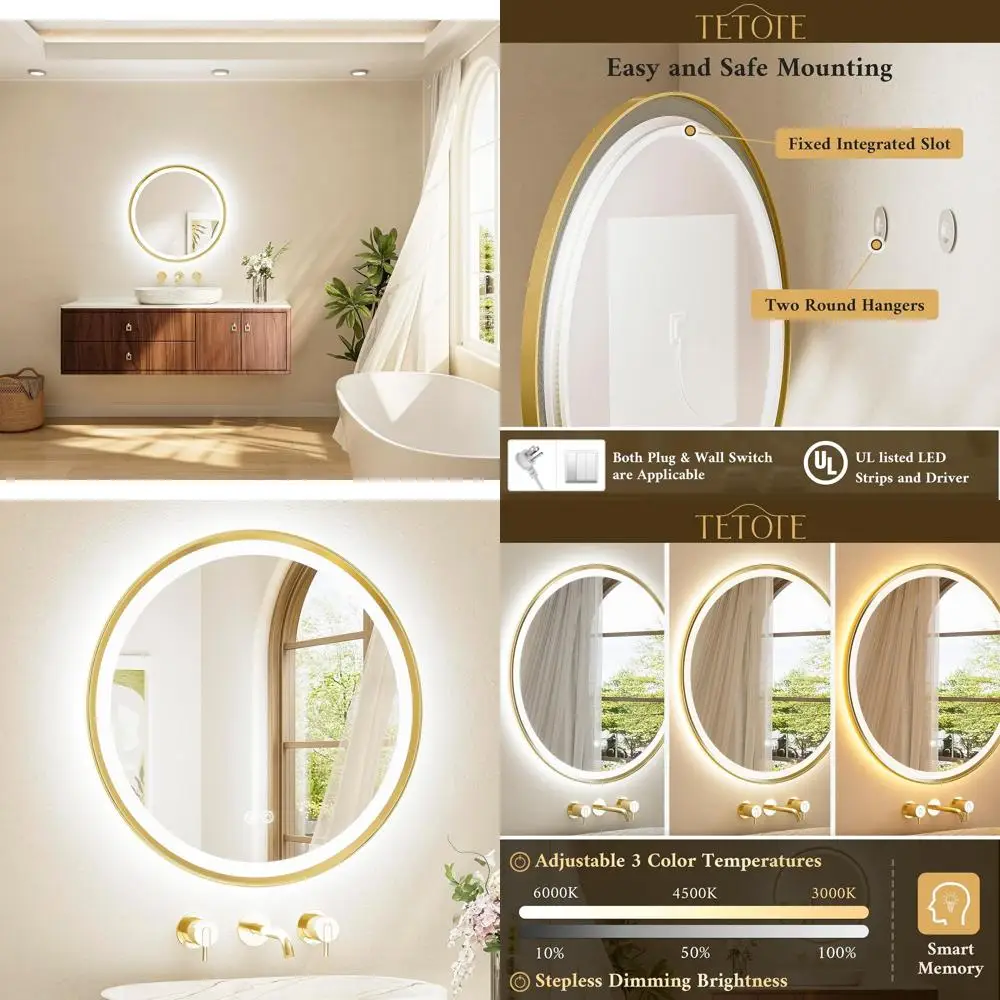 

24-дюймовое круглое металлическое зеркало для ванной с LED-подсветкой, 3-цветным постепенным затемнением, защитой от запотевания и ударопрочным дизайном