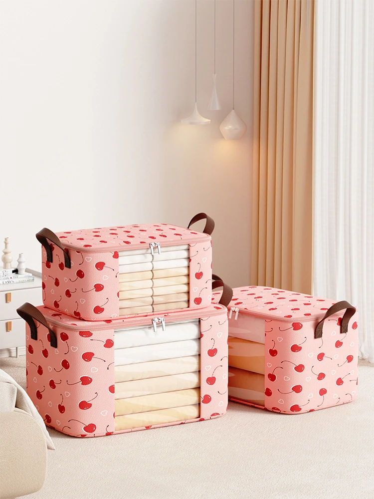 1PC large capacity storage bag for organizing bedroom wardrobe dormitory clothes quilt storage bag closet organizer Pink